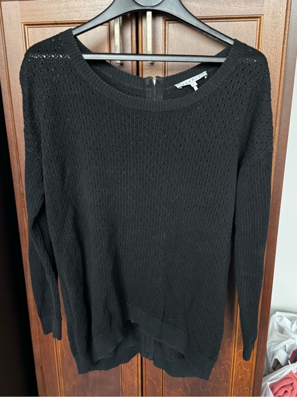Sandro Paris Black Open Knit Back Zip Sweater Top Ring Pull 2 US Medium
